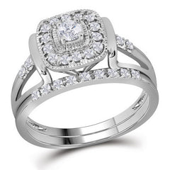 10kt White Gold Womens Round Diamond Square Bridal Wedding Engagement Ring Band Set 1/3 Cttw