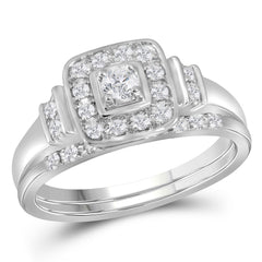 10kt White Gold Womens Round Diamond Solitaire Square Bridal Wedding Engagement Ring Band Set 1/3 Cttw