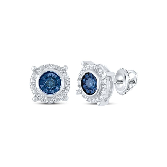 Sterling Silver Womens Round Blue Color Enhanced Diamond Stud Earrings 1/10 Cttw