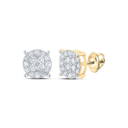 10kt Yellow Gold Mens Round Diamond Cluster Earrings 3/4 Cttw