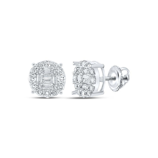 10kt White Gold Mens Baguette Diamond Cluster Earrings 5/8 Cttw