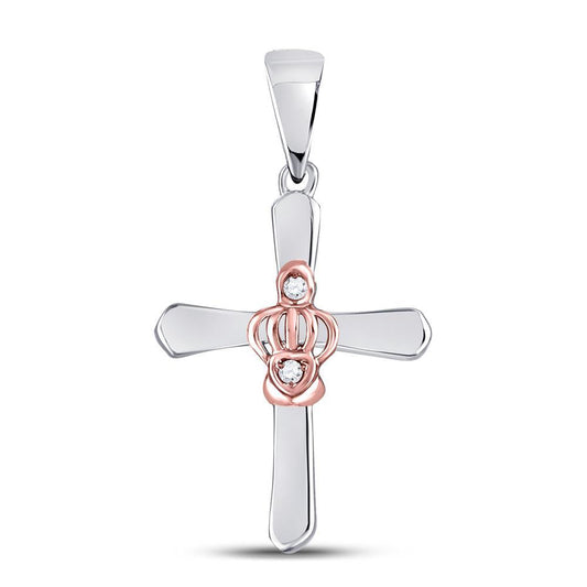 Two-tone Sterling Silver Womens Round Diamond Dainty Cross Pendant .02 Cttw