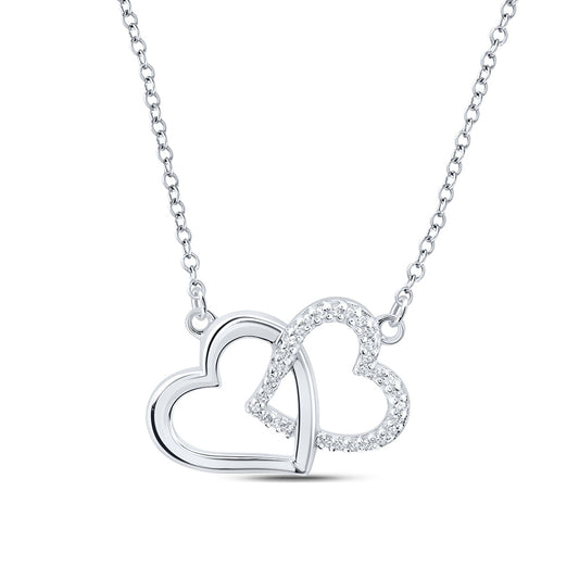 Sterling Silver Womens Round Diamond 18-inch Double Heart Necklace 1/20 Cttw