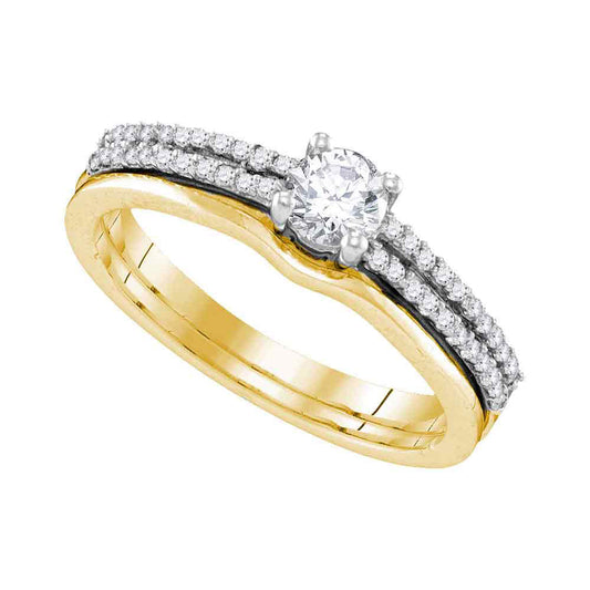 14kt Yellow Gold Womens Round Diamond Slender Double Row Bridal Wedding Engagement Ring Band Set 1/2 Cttw