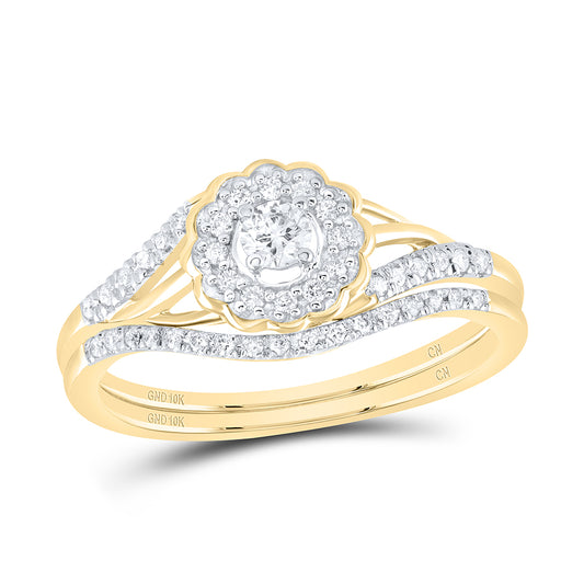 10kt Yellow Gold Womens Round Diamond Flower Floral Bridal Wedding Engagement Ring Band Set 1/4 Cttw