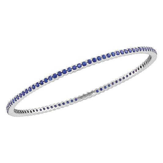 18kt White Gold Womens Round Blue Sapphire Single Row Bangle Bracelet 3.00 Cttw