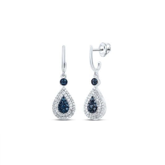 10kt White Gold Womens Round Blue Color Enhanced Diamond Teardrop Dangle Earrings 1/2 Cttw