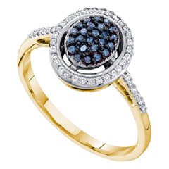 10kt Yellow Gold Womens Round Blue Color Enhanced Diamond Oval Cluster Ring 1/4 Cttw