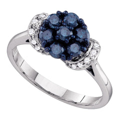10kt White Gold Womens Round Blue Color Enhanced Diamond Flower Cluster Ring 3/4 Cttw