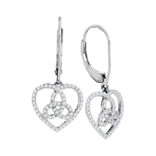 10kt White Gold Womens Round Diamond Triquetra Heart Trinity Dangle Earrings 1/5 Cttw