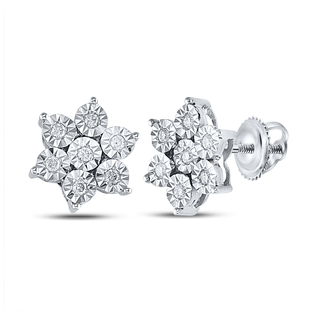 Sterling Silver Womens Round Diamond Cluster Earrings 1/8 Cttw