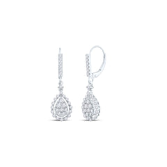 14kt White Gold Womens Round Diamond Teardrop Frame Cluster Dangle Earrings 7/8 Cttw