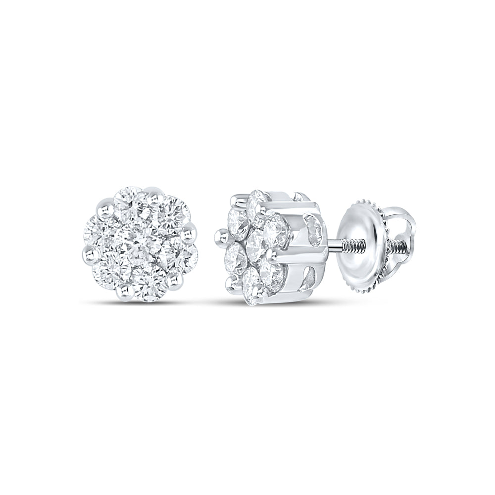 14k White Gold Womens Round Diamond Flower Cluster Stud Earrings 1.00 Cttw