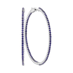 14kt White Gold Womens Round Blue Sapphire Large Slender Inside Outside Hoop Earrings 3-1/2 Cttw