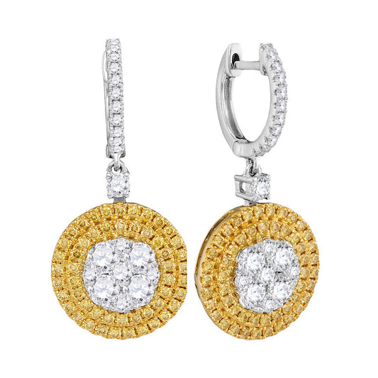 18kt White Gold Womens Round Yellow Diamond Circle Dangle Earrings 2-1/3 Cttw