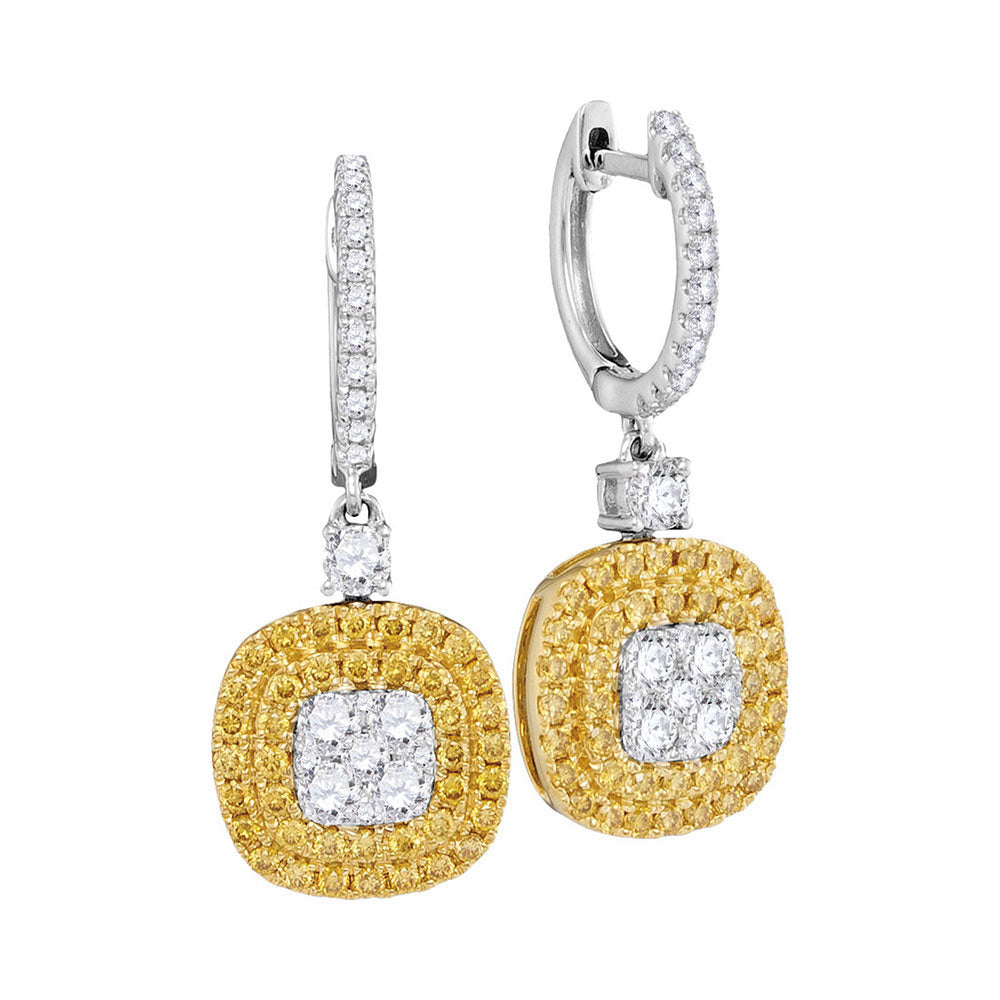 18kt White Gold Womens Round Yellow Diamond Square Dangle Earrings 1-1/2 Cttw