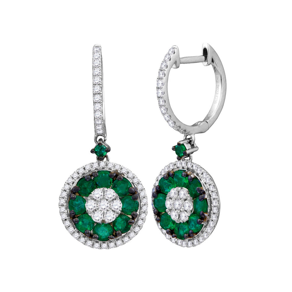 18kt White Gold Womens Round Emerald Diamond Cluster Dangle Earrings 1-3/4 Cttw