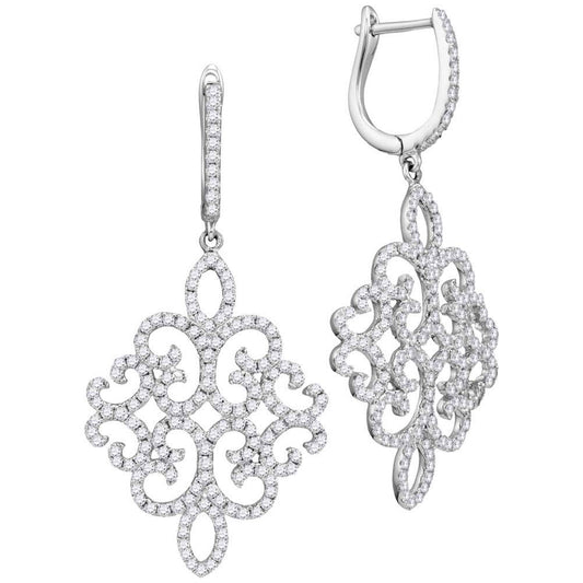 18kt White Gold Womens Round Diamond Symmetrical Dangle Earrings 1-1/2 Cttw