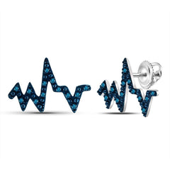 14kt White Gold Womens Round Blue Color Enhanced Diamond Heartbeat Stud Earrings 1/12 Cttw