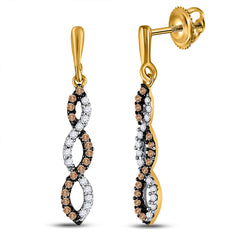 10kt Yellow Gold Womens Round Brown Diamond Dangle Earrings 1/5 Cttw