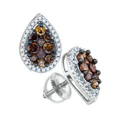 10kt White Gold Womens Round Brown Diamond Teardrop Cluster Earrings 1.00 Cttw