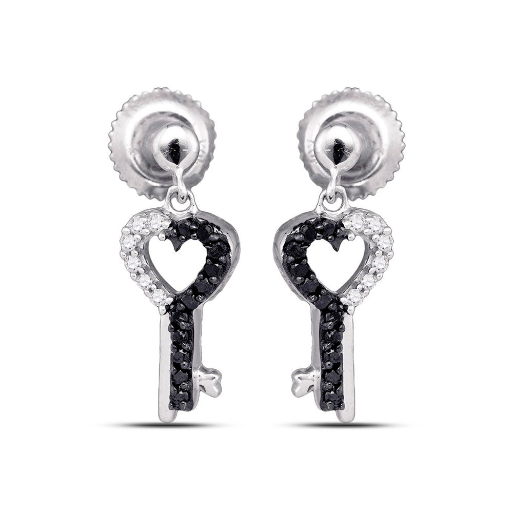 10kt White Gold Womens Round Black Color Enhanced Diamond Key Heart Dangle Earrings 1/6 Cttw