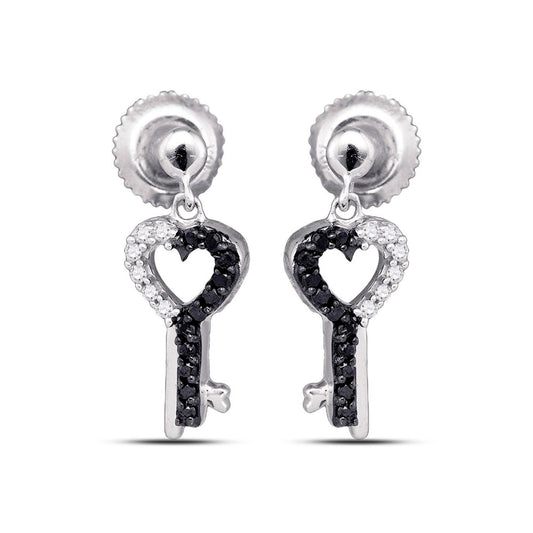 10kt White Gold Womens Round Black Color Enhanced Diamond Key Heart Dangle Earrings 1/6 Cttw