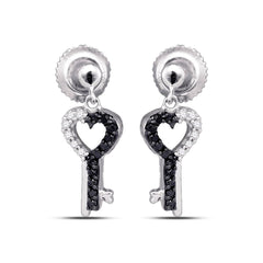 10kt White Gold Womens Round Black Color Enhanced Diamond Key Heart Dangle Earrings 1/6 Cttw