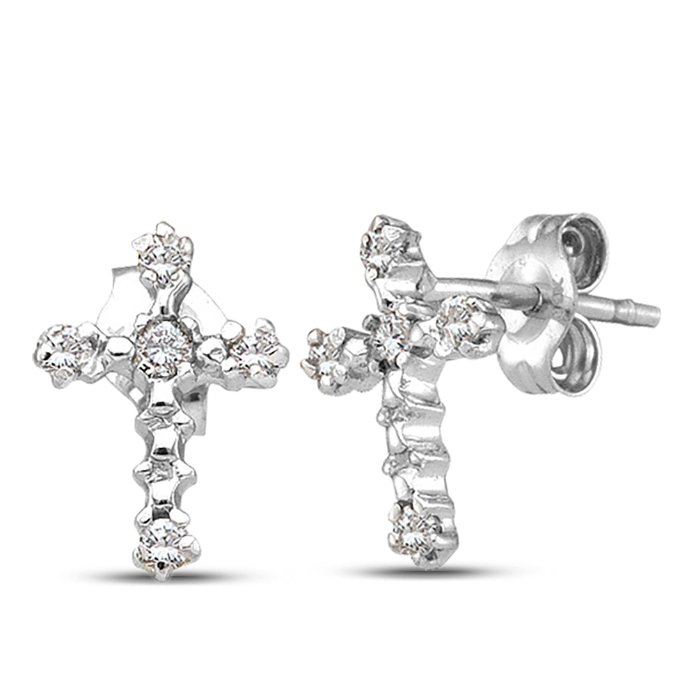 10kt White Gold Womens Round Diamond Cross Earrings 1/20 Cttw