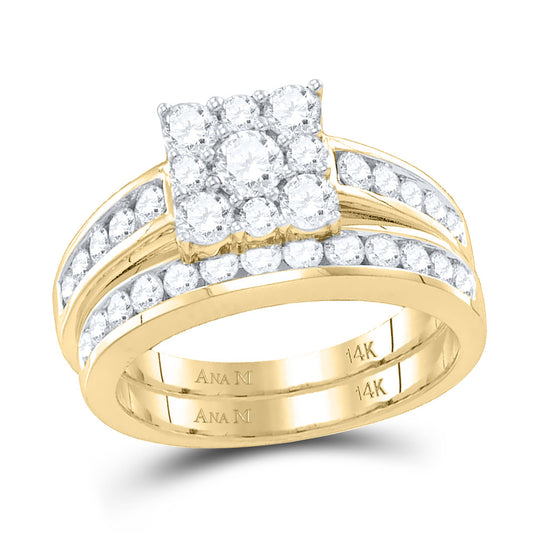 14kt Yellow Gold Womens Round Diamond Halo Bridal Wedding Engagement Ring Band Set 1-1/2 Cttw