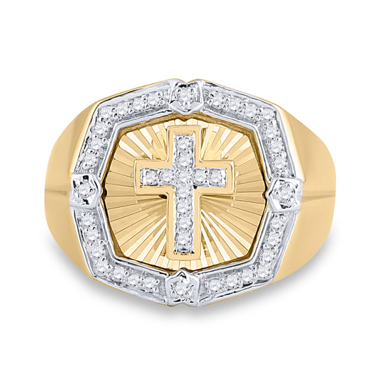 10kt Yellow Gold Mens Round Diamond Cross Ring 1/4 Cttw