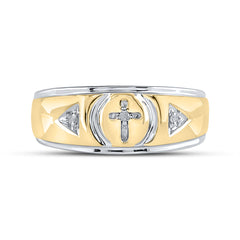 Yellow-tone Sterling Silver Mens Round Diamond Cross Wedding Band Ring 1/20 Cttw