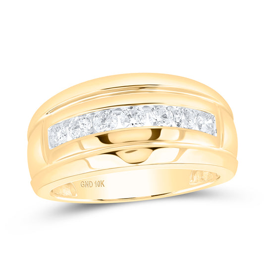 10kt Yellow Gold Mens Round Channel-set Diamond Ridged Wedding Band Ring 3/4 Cttw