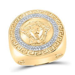 10kt Yellow Gold Mens Round Diamond Medusa Face Greek Key Fashion Ring 1/3 Cttw