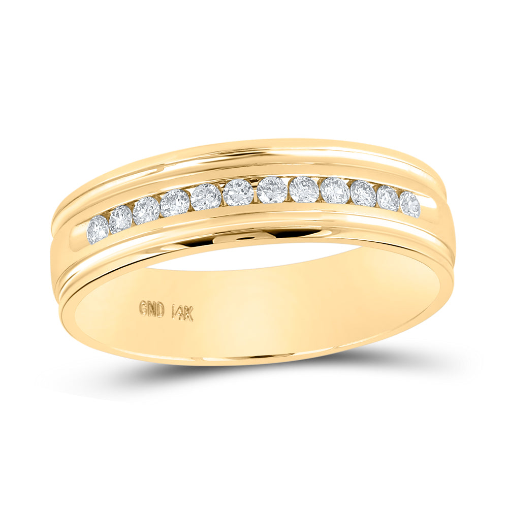 14kt Yellow Gold Mens Round Channel-set Diamond Ridged Edge Wedding Band 1/4 Cttw