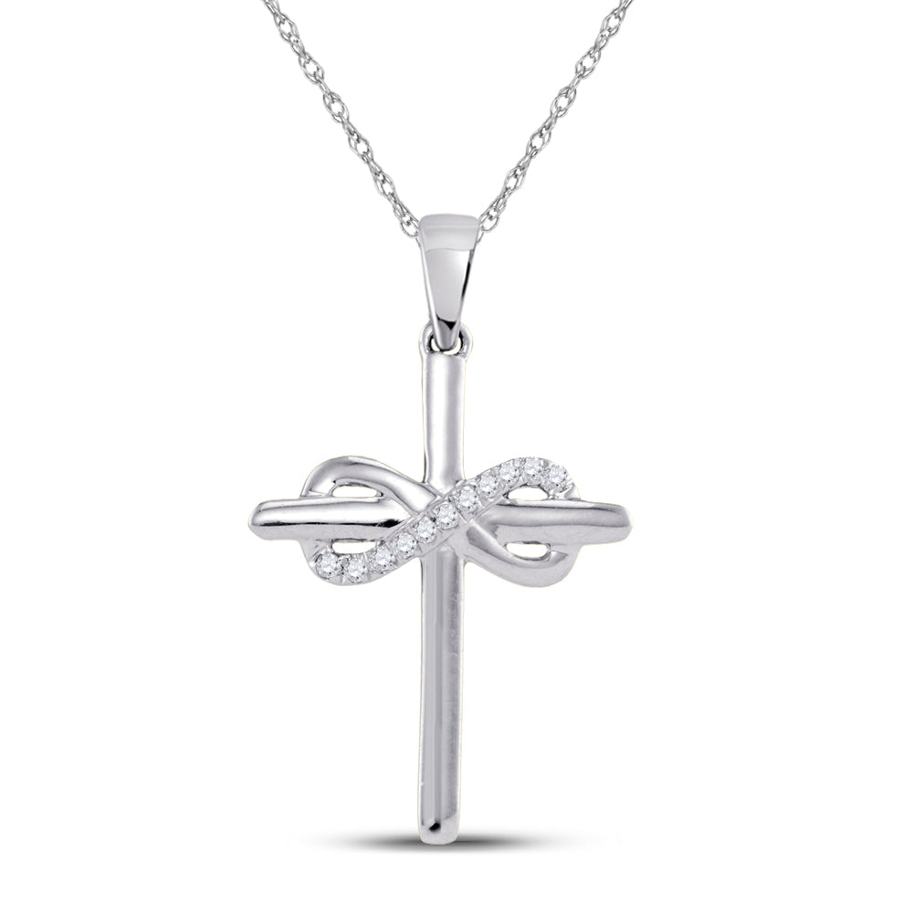 10kt White Gold Womens Round Diamond Cross Infinity Pendant 1/20 Cttw