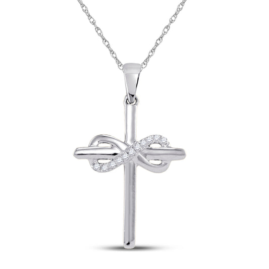 10kt White Gold Womens Round Diamond Cross Infinity Pendant 1/20 Cttw