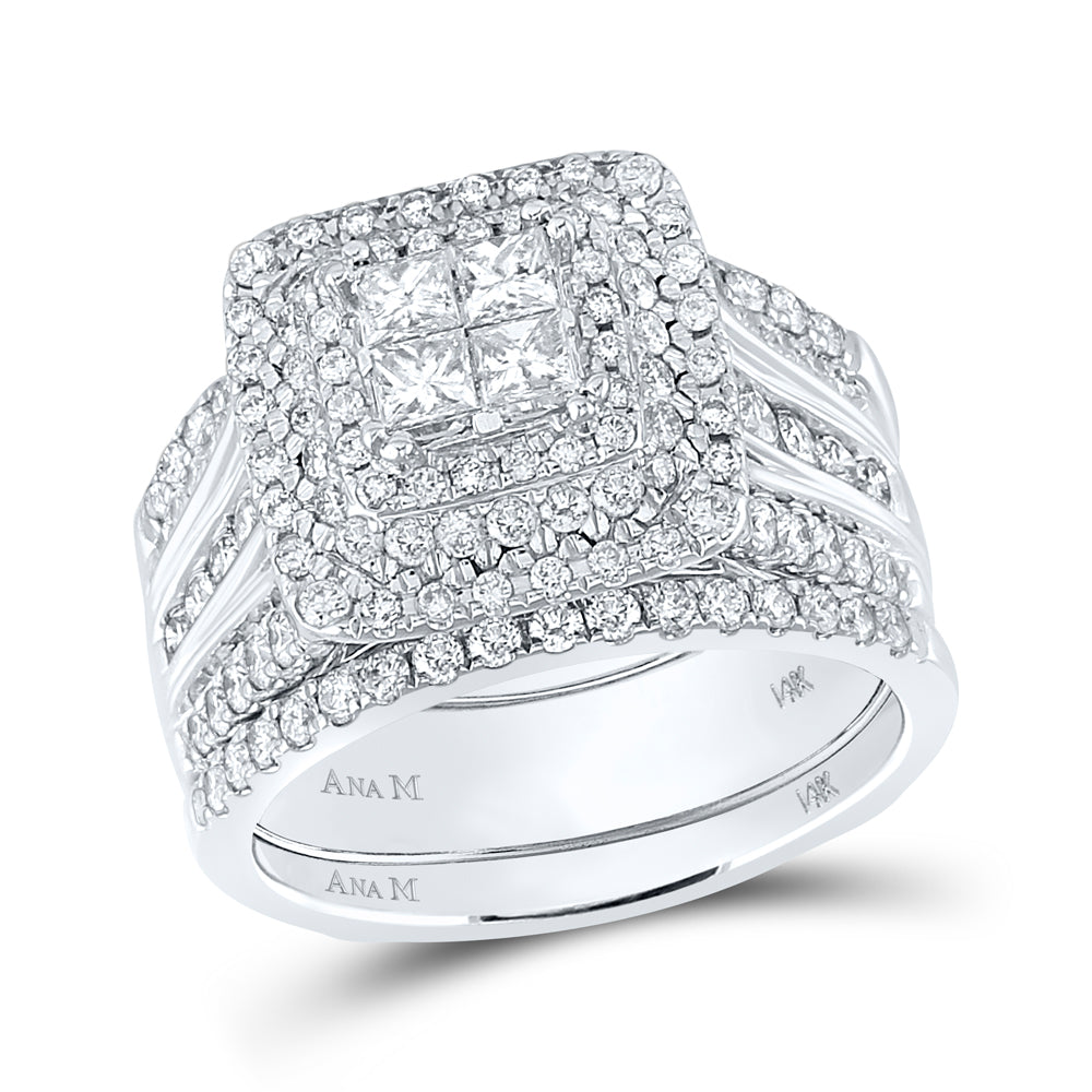 14kt White Gold Womens Princess Diamond Cluster Halo Bridal Wedding Engagement Ring Band Set 2.00 Cttw