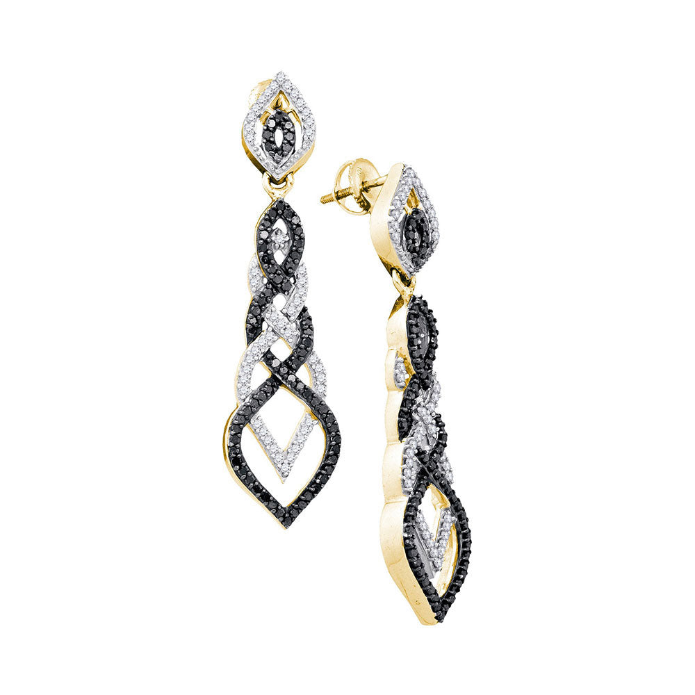 10kt Yellow Gold Womens Round Black Color Enhanced Diamond Braided Dangle Earrings 1-3/4 Cttw