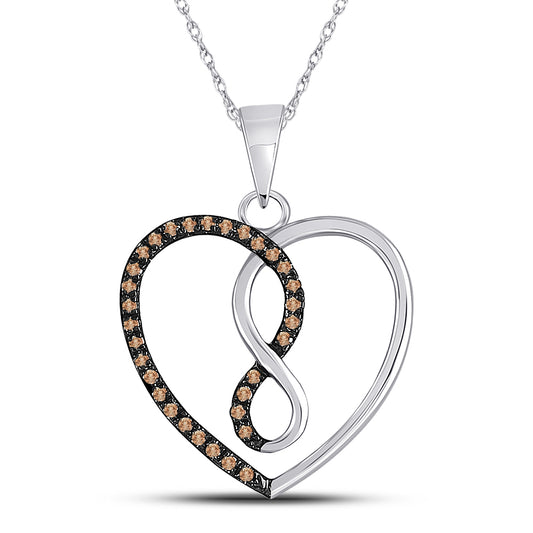 10kt White Gold Womens Round Brown Diamond Heart Infinity Pendant 1/8 Cttw