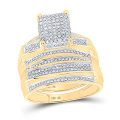 10kt Yellow Gold His & Hers Round Diamond Rectangle Cluster Matching Bridal Wedding Ring Band Set 3/4 Cttw