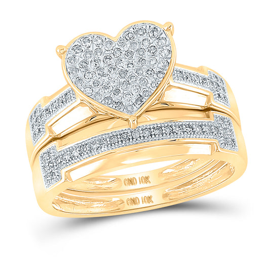 10kt Yellow Gold His & Hers Round Diamond Heart Cluster Matching Bridal Wedding Ring Band Set 1/2 Cttw