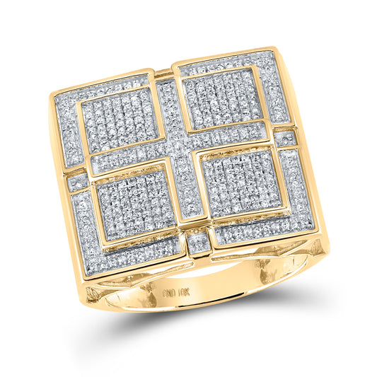 10kt Yellow Gold Mens Round Pave-set Diamond Square Cross Cluster Ring 1/2 Cttw