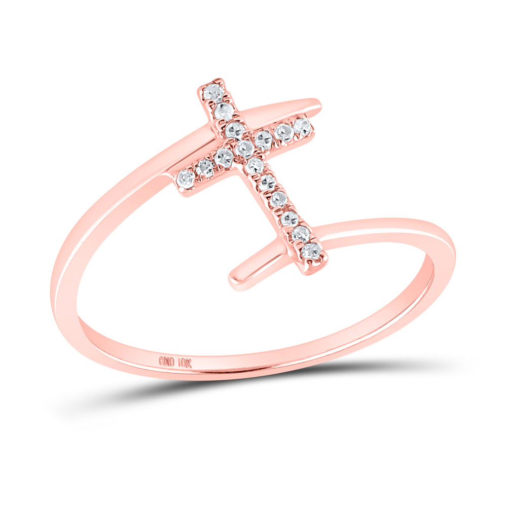 10kt Rose Gold Womens Round Diamond Bisected Cross Religious Ring 1/12 Cttw