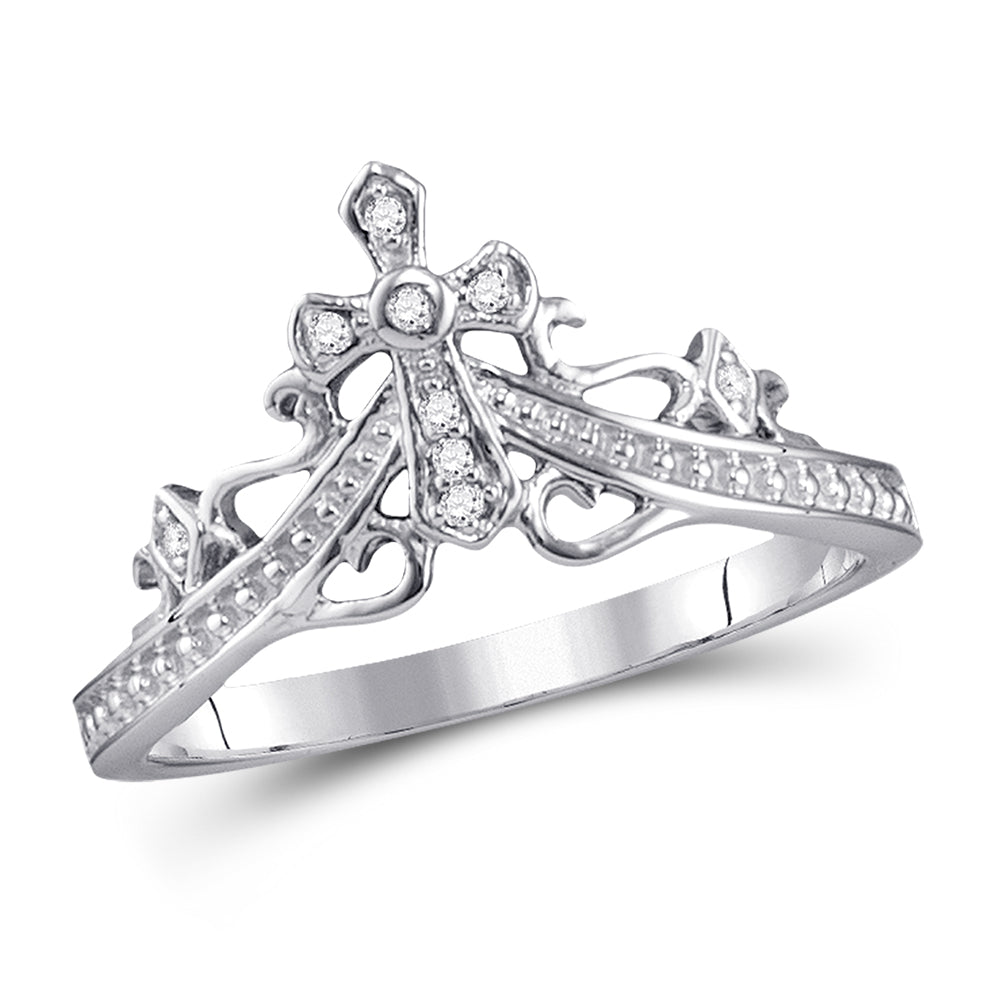 14kt White Gold Womens Round Diamond Cross Crown Tiara Band Ring 1/20 Cttw