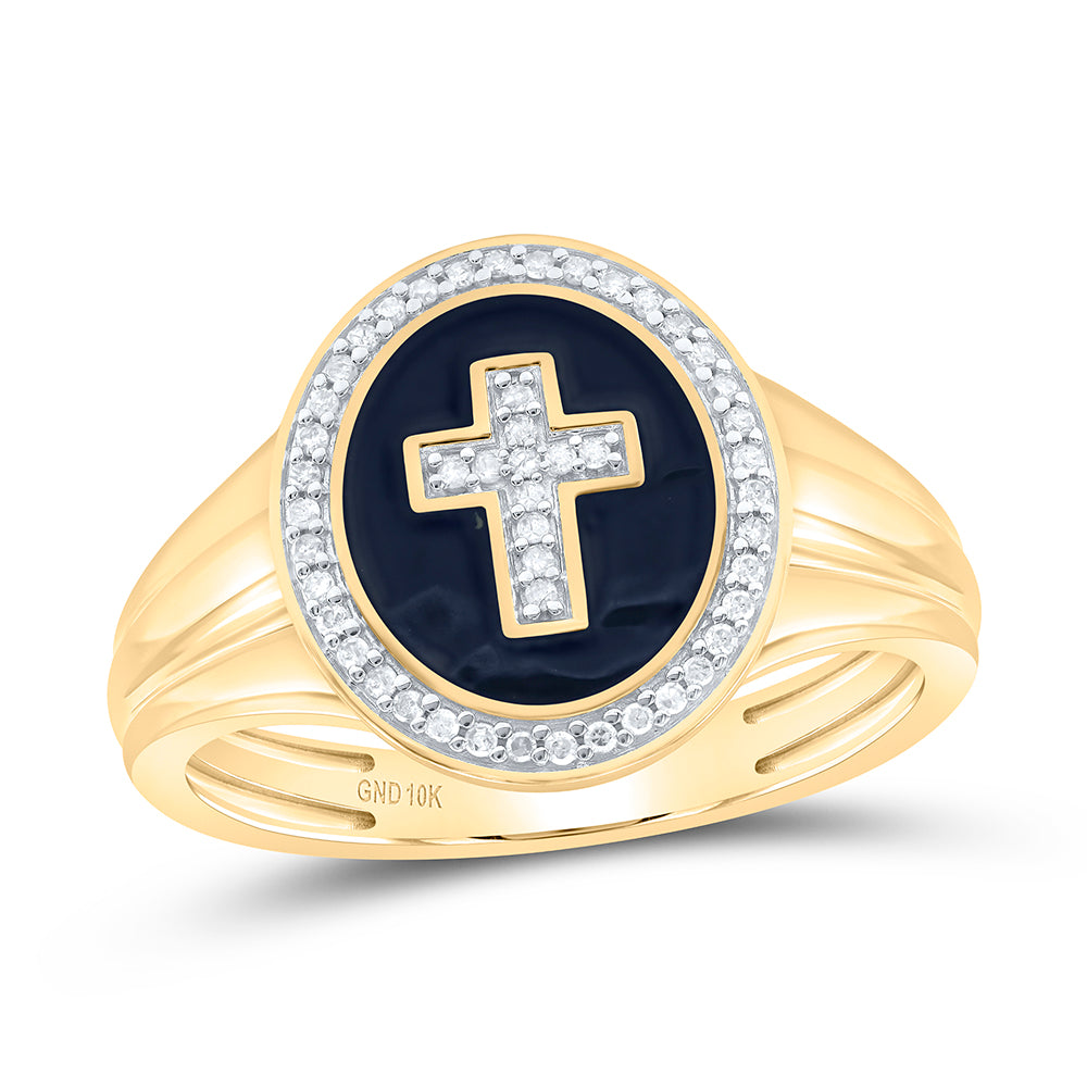 10kt Yellow Gold Mens Round Diamond Cross Crucifix Fashion Ring 1/6 Cttw