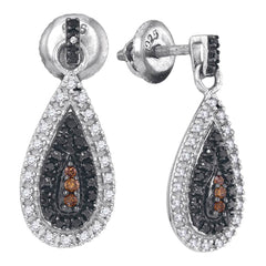 Sterling Silver Womens Round Black Color Enhanced Diamond Teardrop Dangle Earrings 1/3 Cttw