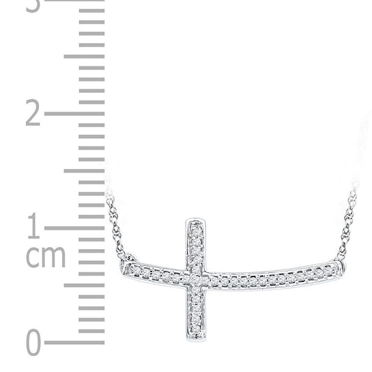 Sterling Silver Womens Round Diamond Horizontal Sideways Cross Necklace 1/10 Cttw