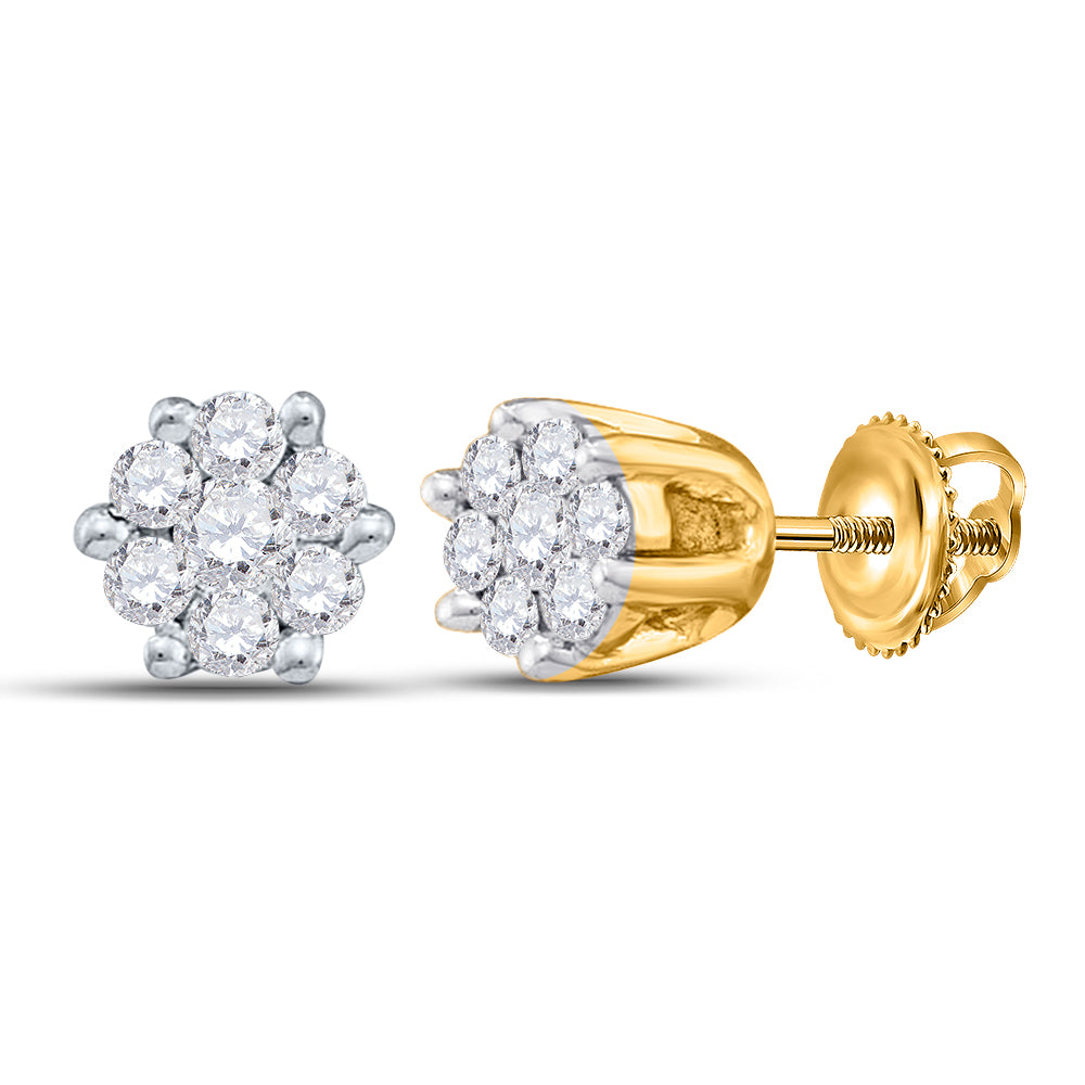 14kt Yellow Gold Womens Round Diamond Small Flower Cluster Screwback Earrings 1/6 Cttw