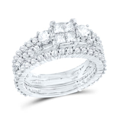 14kt White Gold Womens Princess Diamond Cluster Bridal Wedding Engagement Ring Band Set 2.00 Cttw